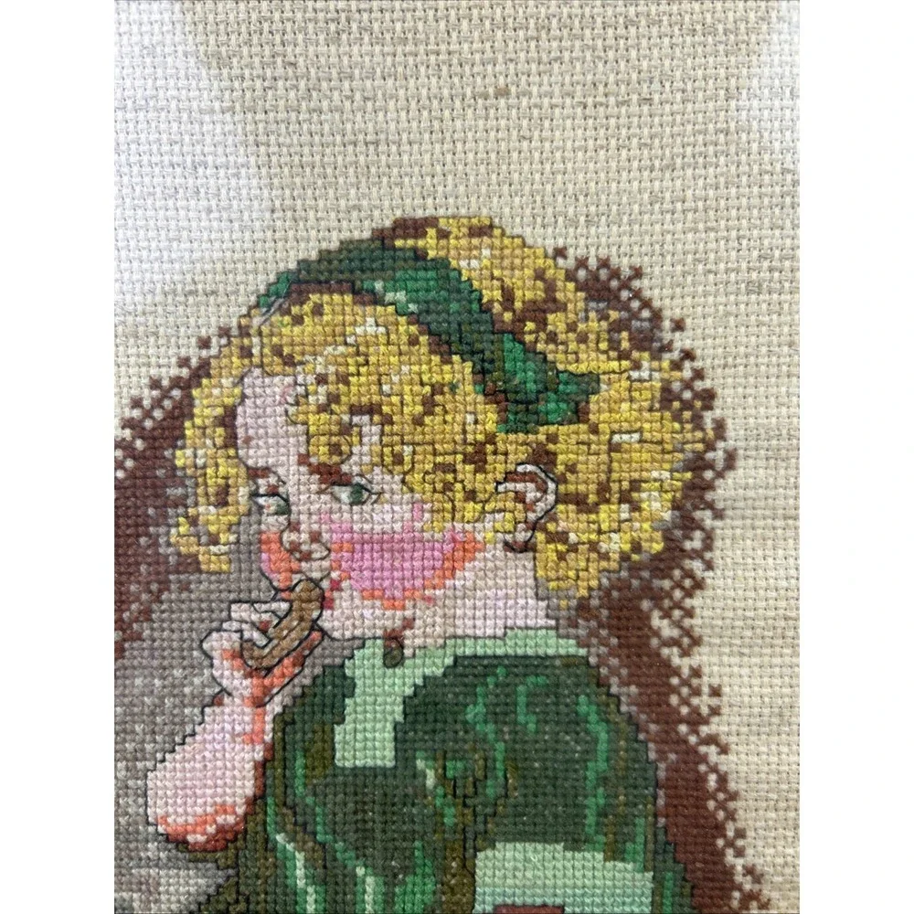 Vtg Framed Needlepoint Cross Stitch Old Fashion Girl Toys Wall Decor‎ Art
